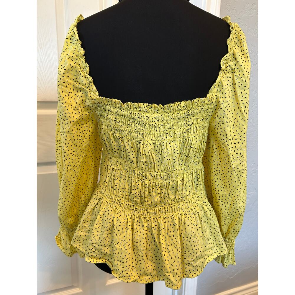 Who What Wear Womens Large L Yellow Ditsy Smocked Peplum Blouse Square Neck Boho - Picture 4 of 12